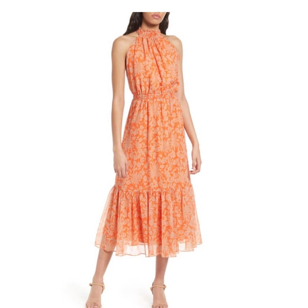 CHELSEA28: Floral Print Halter Neck Maxi Dress In Orange- Beige Daisy Dye